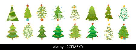 Christmas tree cartoon set. Hand drawing green xmas trees collection. New Year traditional design ornaments, stars or garlands. Stylized symbol for holiday flat vector illustration Stock Vector