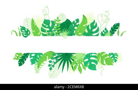 Background from tropical leaves, cartoon style. Trendy hawaiian abstract template banner. Tropic rainforest foliage border with monstera, banana leaves. Frame for text. Vector illustration Stock Vector