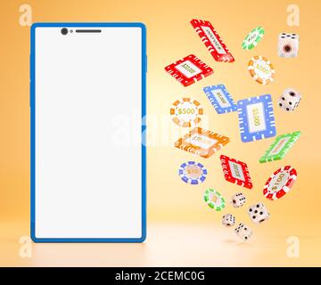 The dice and gambling chips flying in the air next to the blue mobile phone on an orange background. The concept of online casino gambling. 3D renderi Stock Photo