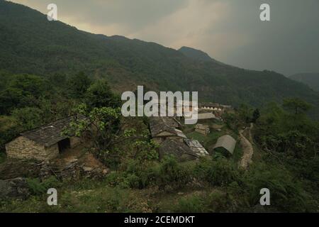 View of the agricultural, ecotourism village of Sidhane, Bhaudare Tamagi, on the slope of Panchase mountain in Kaski district, Gandaki Pradesh, Nepal. Stock Photo