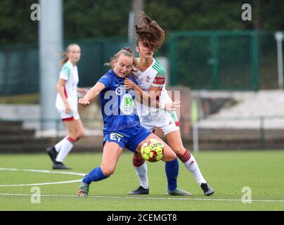 Heverlee, Belgium. 30th Aug, 2020. Gent's Lobke Loonen (17) (L) and OHL's Amber Tysiak (3) (R) battle for the ball during a female soccer game between Oud Heverlee Leuven and AA Gent Ladies on the first matchday of the 2020 - 2021 season of Belgian Women's SuperLeague, sunday 30 of August 2020 in Heverlee, Belgium . PHOTO SPORTPIX.BE | SPP | SEVIL OKTEM Sevil Oktem | Sportpix.be | SPP Credit: SPP Sport Press Photo. /Alamy Live News Stock Photo