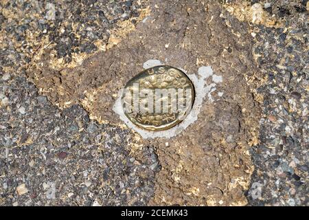 Wyoming, USA - June 26, 2020: Official US Geological Survey Marker on top of the Signal Mountain overlook in Grand Teton National Park Stock Photo