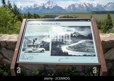 Wyoming, USA - June 26, 2020: The storyboard interpretive sign at the Snake River Overlook honoring Ansel Adams in Grand Teton National Park Stock Photo