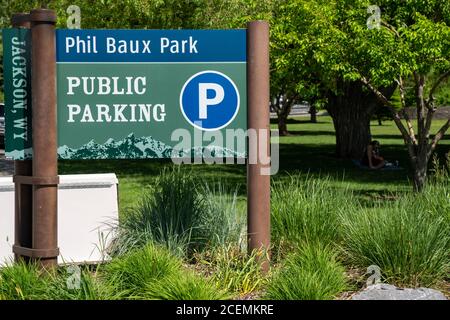 Jackson, Wyoming - June 26, 2020: Sign for Phil Baux Park and its public parking lot, an area in downtown Jackson Hole Stock Photo