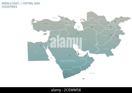 Middle East Countries Map. Detail Map Vector with National Capital Plots Stock Vector