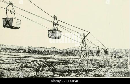 . Machinery for metalliferous mines : a practical treatise for mining engineers, metallurgists and managers of mines. Fig. 343. Arrangement of Wires for Electric Blasting. CHAPTER XXIX. AERIAL WIRE ROPEWAYS AND WIRE ROPES. Systems of Ropeways—The Otto Ropeway—Standards—Ropes—Carriers—Trucks—Friction Grip—Working—Angle and Power Stations—The Garucha Line—AerialRopeways—Bullivants System in Pyrenees—Description and Cost of Working—Wire Ropes for Transmission of Power—Wire Ropes—Preservative Coating—Strength of Round and Flat Ropes-Splicing Ropes—Wire Rope Attachments. Aerial Wire Ropeways.—The c Stock Photo