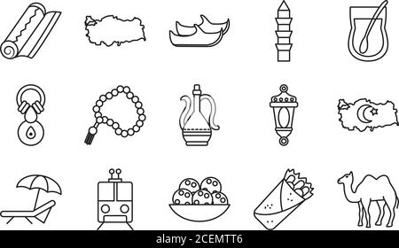 camel and turkish icon set over white background, line style, vector ...