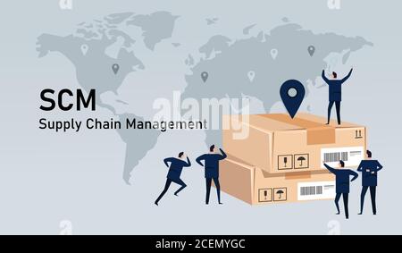 SCM Supply chain management delivery inventory logistic world wide commerce industry Stock Vector