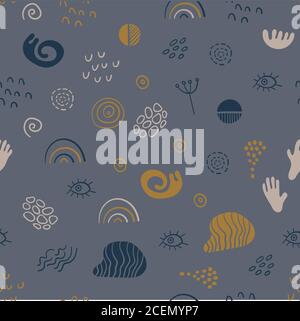 Abstract seamless pattern with simple hand drawn shapes on gray background. Vector illustration. Stock Vector