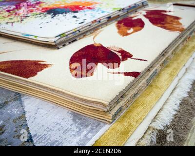 Voronezh, Russia - December 22, 2019: Samples of flooring carpets in the store Stock Photo