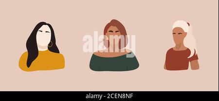 Set of female shapes and silhouettes on retro background. Abstract women in pastel colors. Collection of contemporary art posters. Fashion girls for Stock Vector