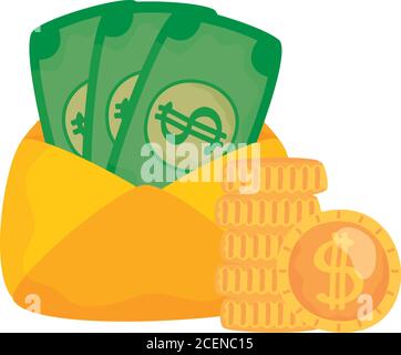 bills inside envelope and coins isolated icon Vector illustration Stock Vector