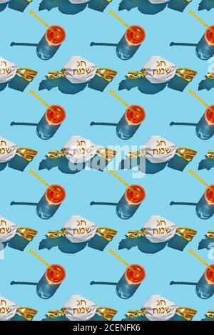 Pattern Jar with honey and shadow on a blue background and candy cane with an inscription in Hebrew - Happy holiday. The concept of the Rosh Hashanah Stock Photo
