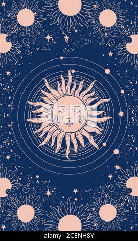 Vector illustration in vintage mystical style, boho design, tattoo, tarot. The device of the universe with a golden sun, moon, planets and orbits against the background of black space. Stock Vector