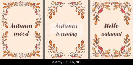 Three vector greeting cards, autumn mood. Hello autumn - postcards with fall leaves and berries Stock Vector