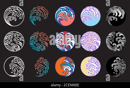 Japanese water wave vector set. Line art, fill color, gradient, pastel and various style. Stock Vector
