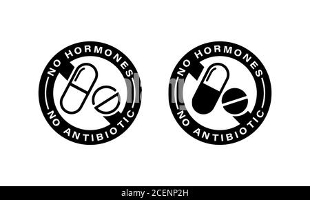 No hormone. Natural product. Healthy fresh nutrition. No antibiotics. Certificate seal. Vector on isolated white background. EPS 10 Stock Vector