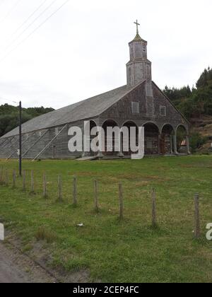 Vertical shot of old Achao church in Chiloe, Chile Stock Photo