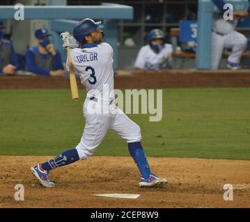 Los Angeles, United States. 02nd Sep, 2020. Los Angeles Dodgers' Chris Taylor hits a two-run double in the sixth inning against the Arizona Diamondbacks at Dodger Stadium in Los Angeles on Tuesday, September 1, 2020. The Dodgers defeated the Diamondbacks 6-3. Photo by Jim Ruymen/UPI Credit: UPI/Alamy Live News Stock Photo
