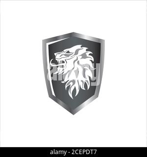 Lion roar on shield icon symbol with color grey. Flat design head lion for your business symbol. Vector illustration EPS.8 EPS.10 Stock Vector