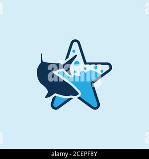 Blue shark icon vector symbol with stars symbol. Flat design shark on the white background for element design. Vector illustration EPS.8 EPS.10 Stock Vector