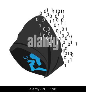 Head vector computer hacker in hoodie with number code. Data thief, internet fraud, darknet and cyber security concept. Vector illustration EPS.8 EPS. Stock Vector