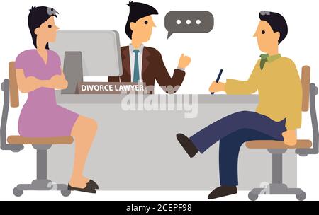 Couple went to a lawyer for a divorce. Lawyer advises couple while man sign document. Flat cartoon character vector illustration isolated on white bac Stock Vector