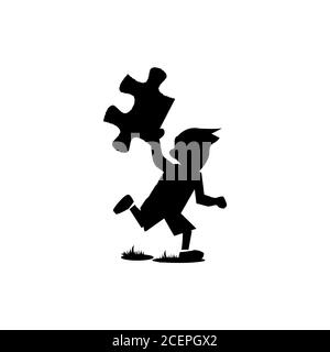 Silhouette running children with puzzle on the hand. Simple and flat design children. Vector illustration EPS.8 EPS.10 Stock Vector