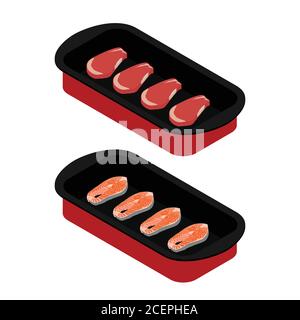 Delicious salmon fish fillets and meat beef steaks in baking form for restaurants menu design. Isometric view isolated on white background Stock Vector