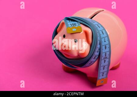 Piggy bank tied with measuring tape. Budget and squeezed savings concept. Investments and metering or counting idea. Ceramic toy pig with blue flexible ruler on pink background, copy space Stock Photo