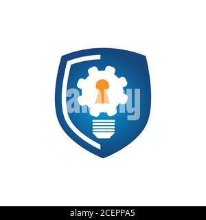 Illustration design gear shape bulb isolated on blue shield. Gear vector icon modern flat symbol for element design. Vector illustration EPS.8 EPS.10 Stock Vector