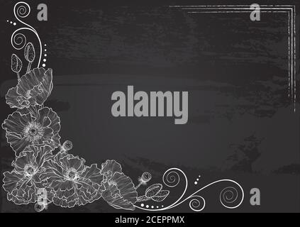 Vector template with floral frame of poppies stylized as chalk drawing on chalkboard. Design for party invitation, greeting card, poster and banner Stock Vector
