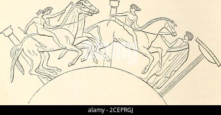 . The life of the Greeks and Romans. ng. The turning roundthe goal in the former was much less dangerous than in the latter;but accidents, nevertheless, were not impossible, as appears froma vase-painting (Panofka, Bilder antiken Lebens, Taf. Ill, 4), Q 2 228 GAMES AT BALL. where a rider is dragged along the ground by his horse. Thearrival at the goal is illustrated by a vase-painting (Fig. 259), inwhich the umpire receives the victor; he is one horses length inadvance of his competitors. The so-called koKkt] was a peculiarkind of race in which the rider, while racing round the coursefor the l Stock Photo