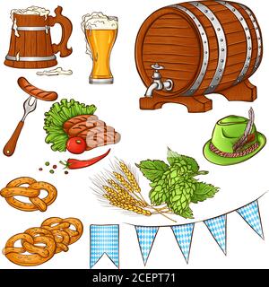 Set with traditional elements of the Oktoberfest beer festival. Brewing. Hand drawn vector illustration isolated on white background Stock Vector