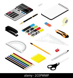 Isometric office stationery set. Collection includes adhesive tape, stapler, ruler, scissors, pen, eraser, knife,  marker, sticky notes, drawing compa Stock Vector