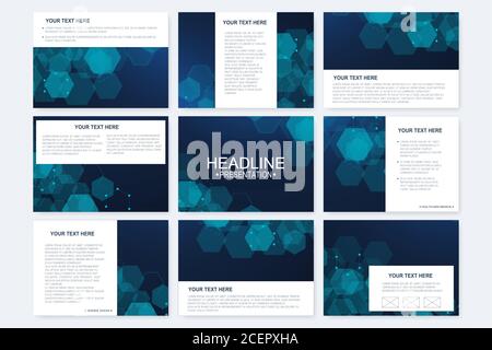 Big set of vector templates for presentation slides. Modern graphic background structure molecule and communication. Scientific pattern atom DNA Stock Vector