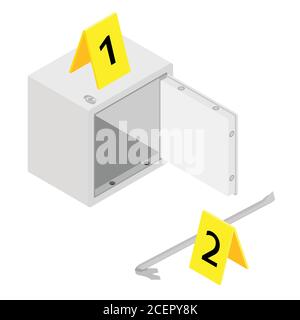 Metal steel money bank safe and crowbar with yellow evidence markers isometric view. Breaking into safe Stock Vector