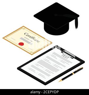 Education online testing, e-learning concept. Graduation cap, survey or exam form paper document and diploma certificate. Stock Vector