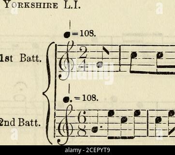 . Trumpet and bugle sounds for the army : with instructions for the training of trumpeters and buglers. =108. :ij=±zrrf p— -pi=f—|t—- i—? 2t—j—f=—r=—p—p—1  r—p—1=—f— 4^—&lt;s» -=t 108. =fe :p=*: ^^ tast p-n^i—[ Part I.] 44Regimental Calls. Rotal West Kent.«-108.1st Batt 2nd Batt. 5EO= -A-—0— =pzzh^*=p n—n-p =a=t 1 r=i08. ifo^  )H=i=. 2nd Batt fiffr»fl «: KIsB Shropshire L. I. • = 108. 1st Batt. 2nd Batt. Stock Photo