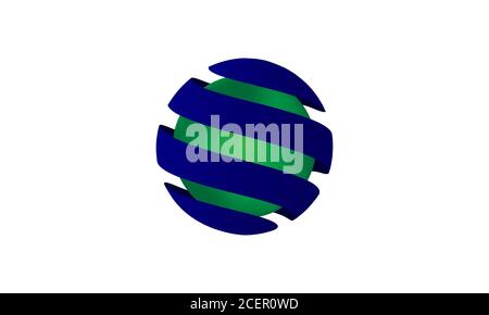 Vector of glowing green abstract round circle or orb surrounded by loops of blue shield and isolated against white background. Great for icons, logos. Stock Vector