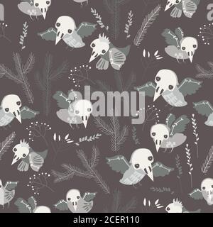 Seamless pattern with cute skeleton birds on gray background Stock Vector