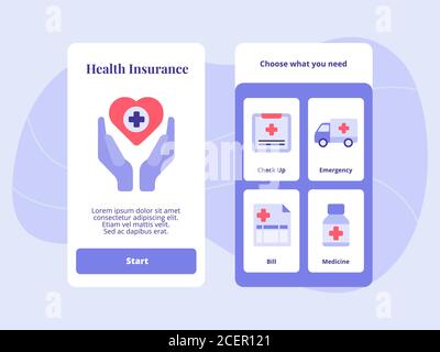 Health insurance check up emergency bill medicine for mobile apps template banner page UI with two variations modern flat color style Stock Vector