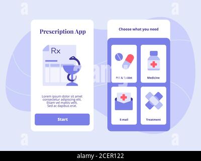 Prescription app pill tablet medicine email treatment for mobile apps template banner page UI with three variations modern flat color style Stock Vector