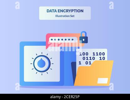 Data encryption illustration set input password to unlock vault bank background of number in file folder with flat color style. Stock Vector