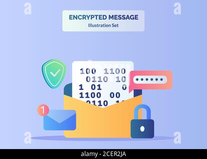 Encrypted message illustration set text number in message background of password shield email notification padlock with flat color style Stock Vector