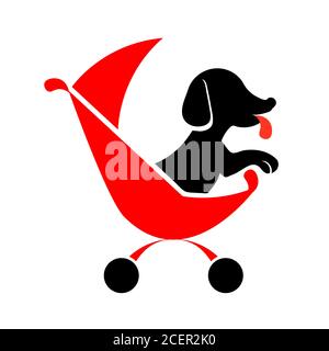 Dog sitter logo black red silhouette on white background for highlight. Walking pet in carriage icon vector isolated element. Zoo transportation glyph illustration. Funny animal care business concept. Stock Vector