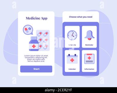 Medicine app schedule reminder calender information for mobile apps template banner page UI with two variations modern flat color style Stock Vector