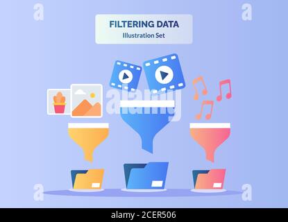 Filtering data illustration set picture video music on funnel to save file folder with flat color style. Stock Vector