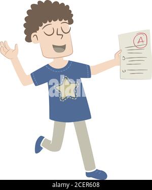 A boy with dark hair is very happy because he has obtained very good grades. Stock Vector