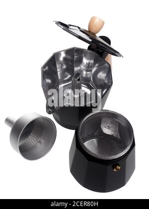 Black aluminum moka pot stove-top coffee maker, isolated on white background Stock Photo